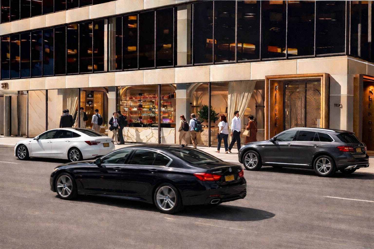 Artemis street-level exterior view with luxury vehicles