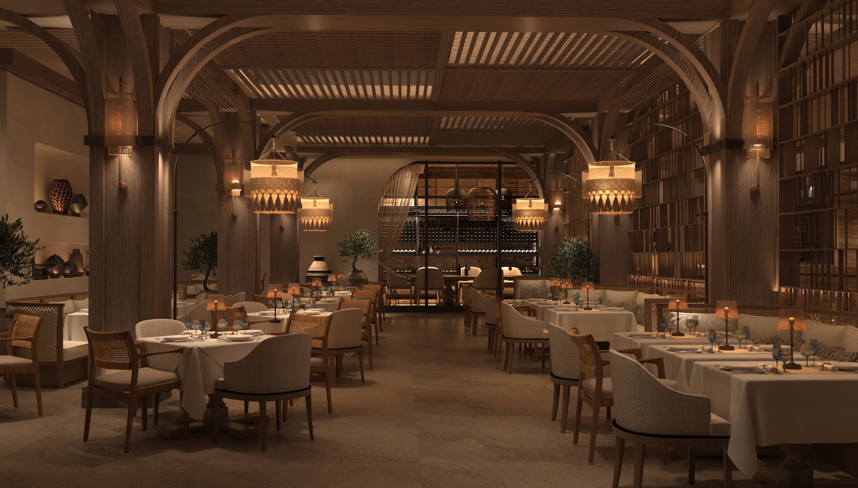 Main dining room with arched columns, warm lighting and wine wall